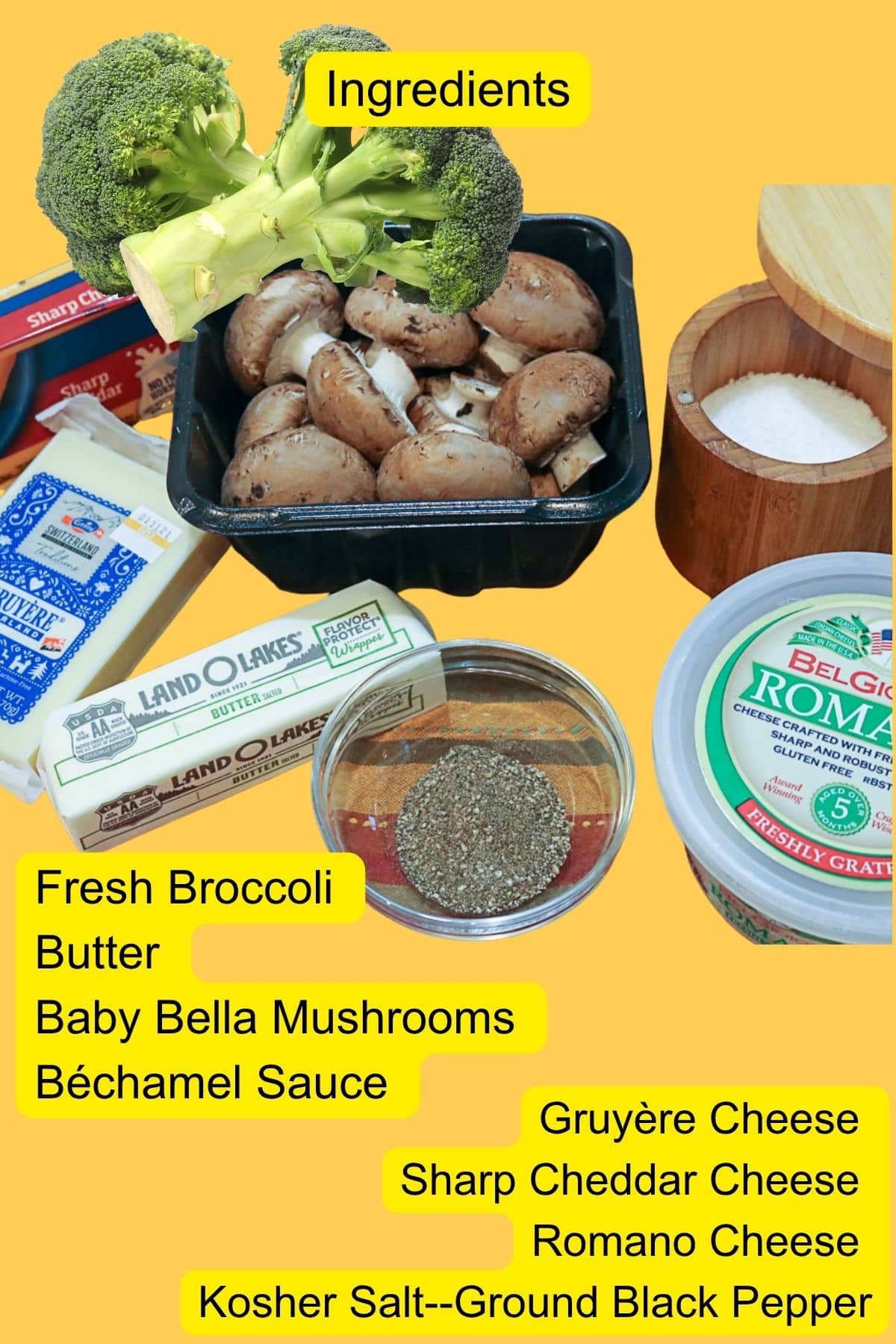 Ingredients for broccoli and mushroom casserole including fresh broccoli, mushrooms, cheeses, butter, and seasonings.