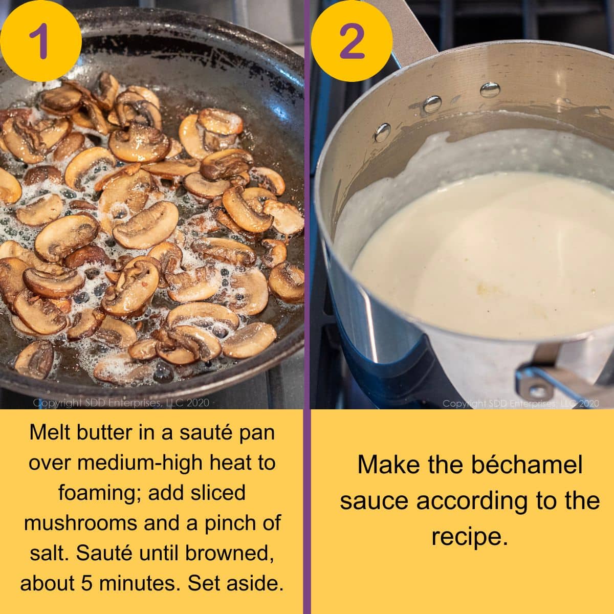 Sautéing sliced mushrooms in butter and preparing béchamel sauce in a saucepan.