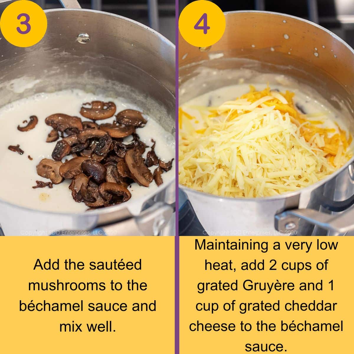 Adding sautéed mushrooms to béchamel sauce and melting Gruyère and cheddar into the sauce.