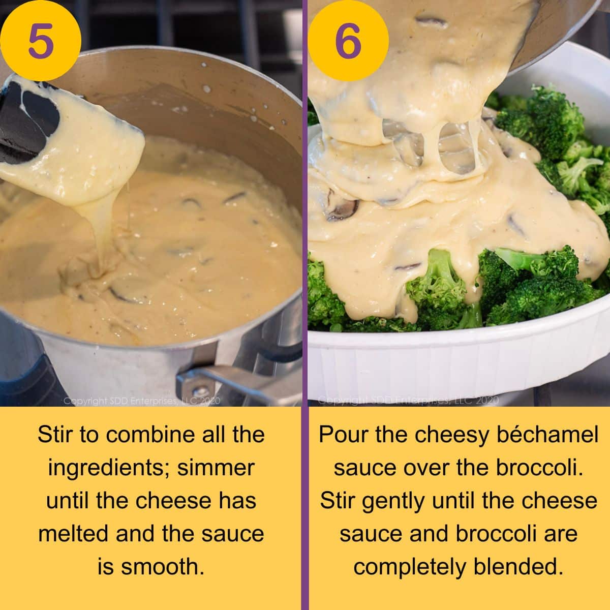 Smooth mushroom cheese sauce in a saucepan and pouring the creamy sauce over broccoli in a casserole dish.