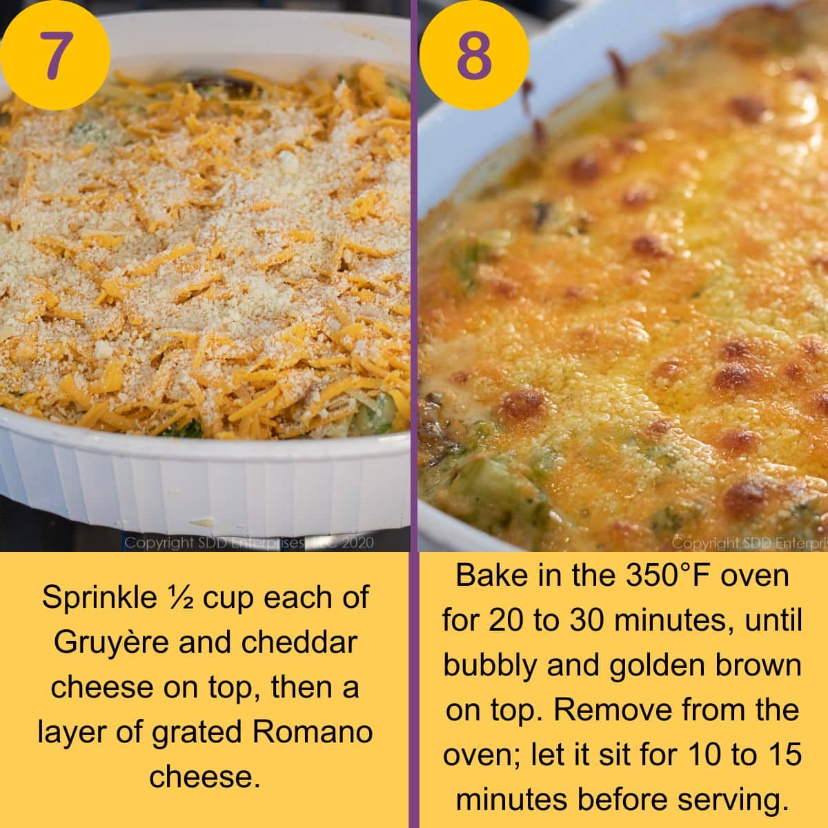 Broccoli casserole topped with grated cheeses and Romano before baking and the finished casserole with a golden crust.