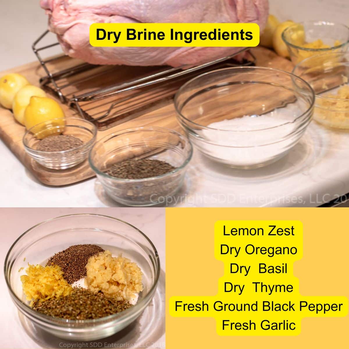 Dry brine ingredients for turkey—lemon zest, dried oregano, dried basil, dried thyme, ground black pepper, and fresh garlic—displayed in small glass bowls.
