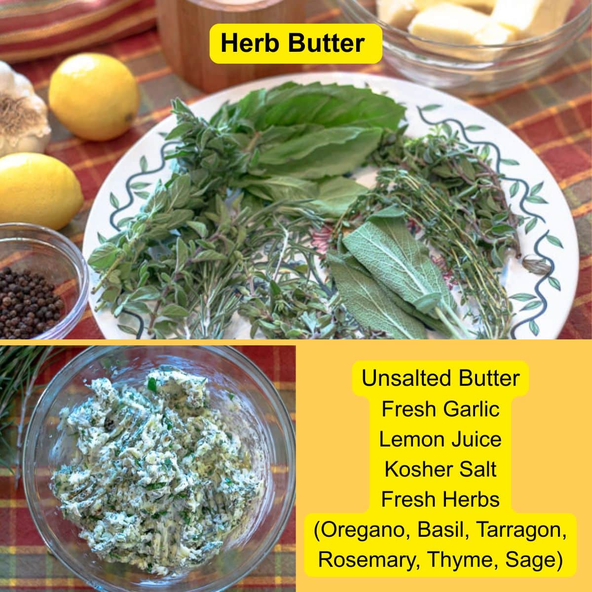 Fresh herbs, garlic, lemon, black pepper, and softened butter arranged on a plate next to a bowl of mixed herb butter paste.