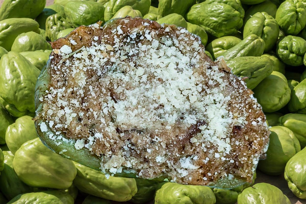 Baked Shrimp and Crab Stuffed Mirliton halves topped with golden breadcrumbs and fresh parsley, served on a white platter.
