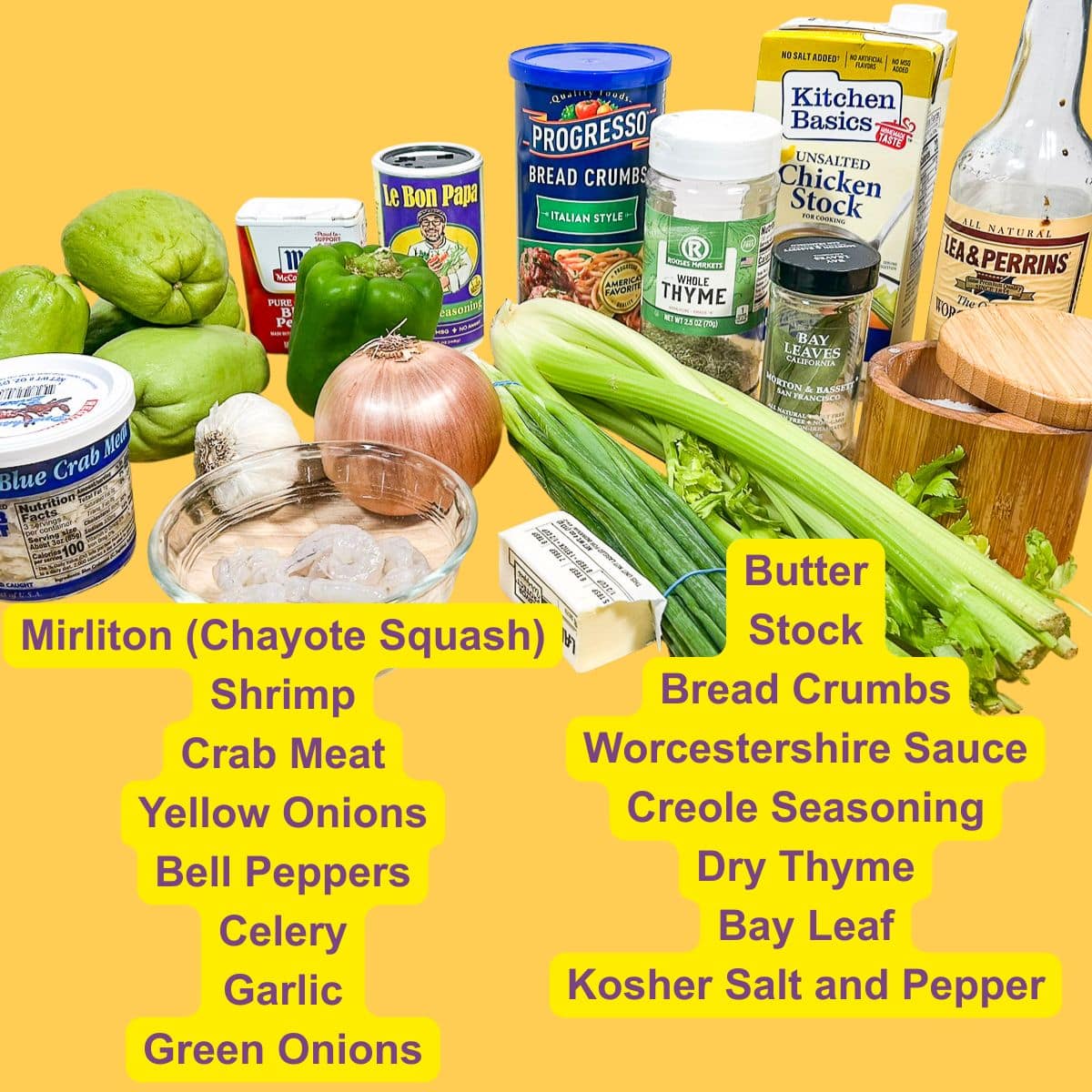 Fresh mirlitons (chayote squash), lump crabmeat, Gulf shrimp, the Cajun trinity of onions, celery, and bell peppers, and Creole seasoning displayed on a prep counter.