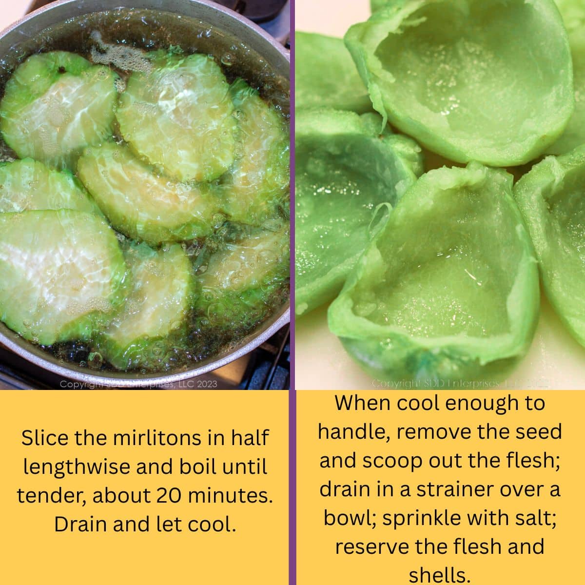 Whole mirlitons boiling in a large stockpot of salted water to soften before stuffing.