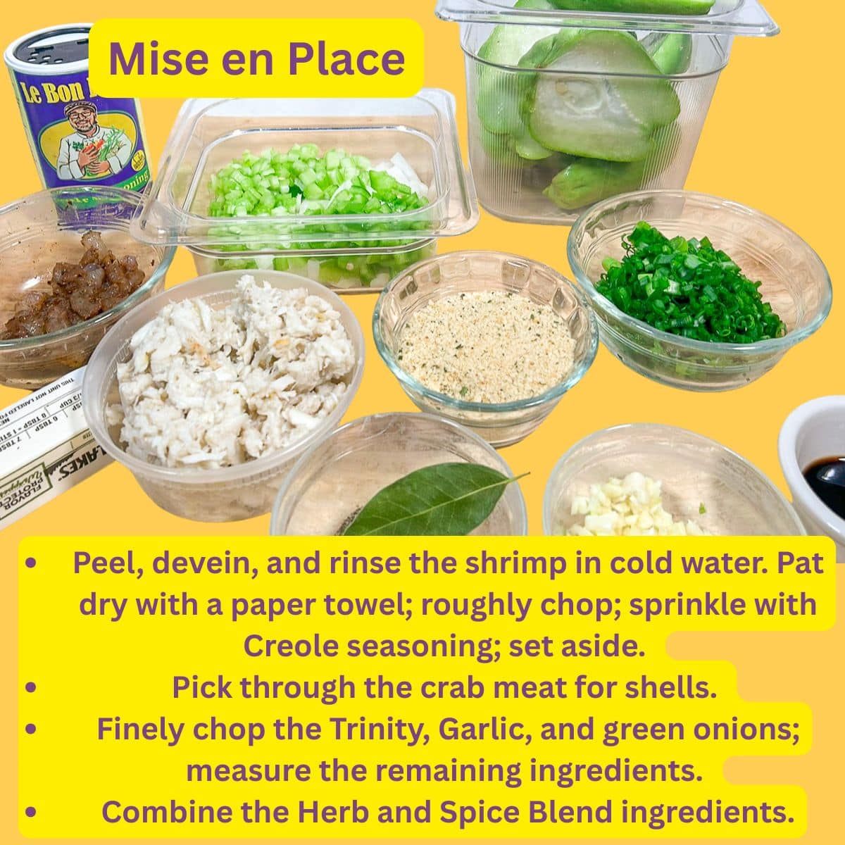 Prepared ingredients for Stuffed Mirliton with crab meat and shrimp.