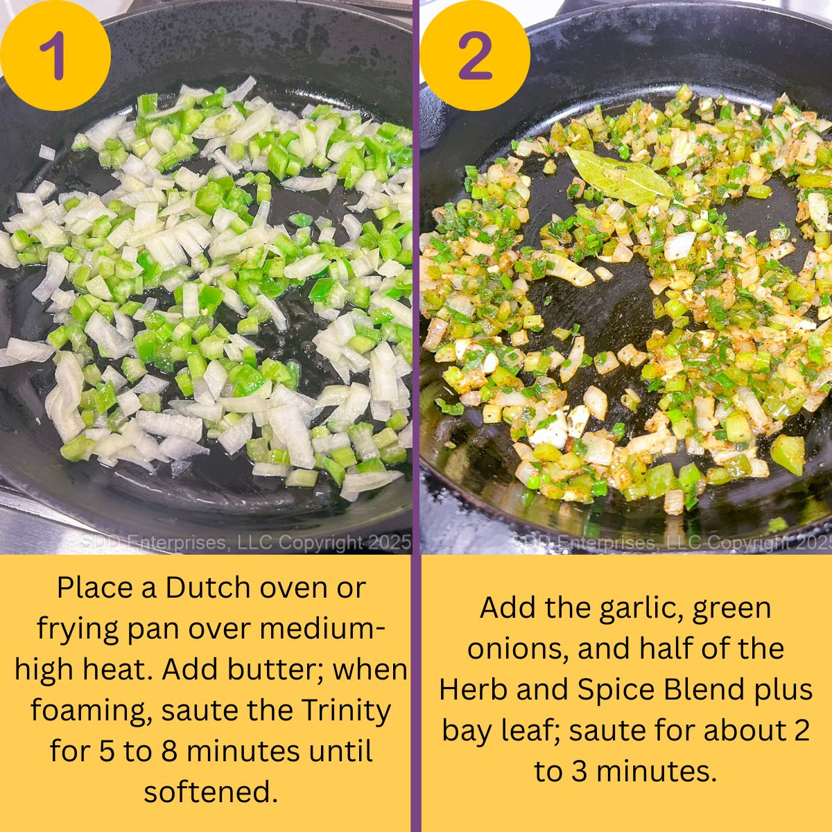Onions, celery, and bell pepper sautéing in butter in a cast-iron skillet—the aromatic Cajun trinity base.