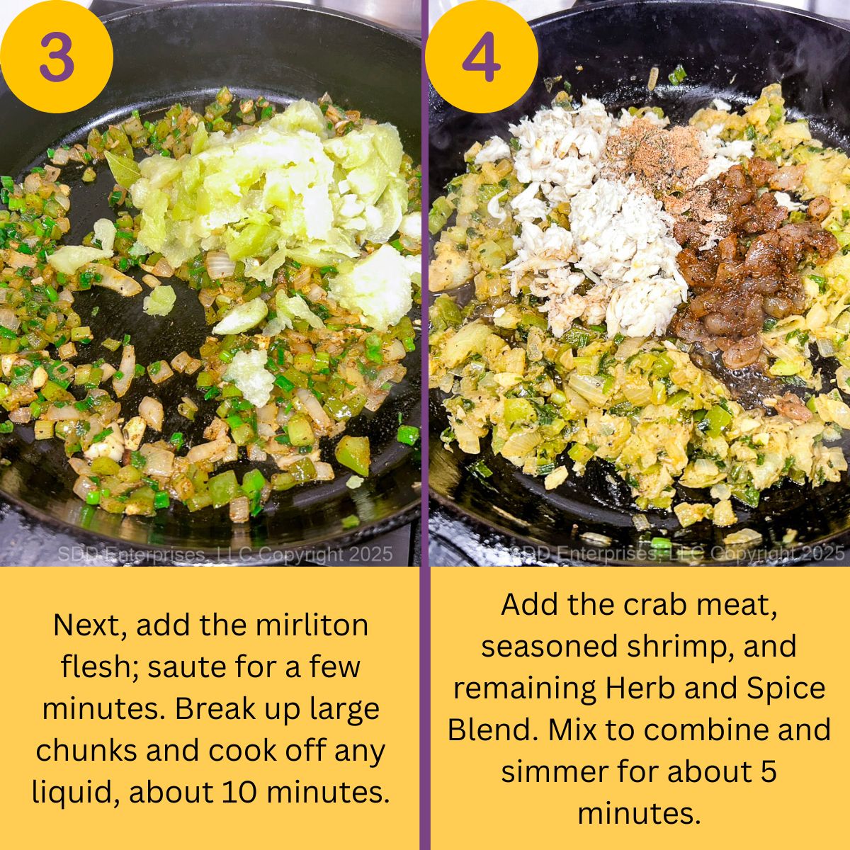 Crabmeat and chopped shrimp folded into the sautéed vegetables to create the seafood stuffing.