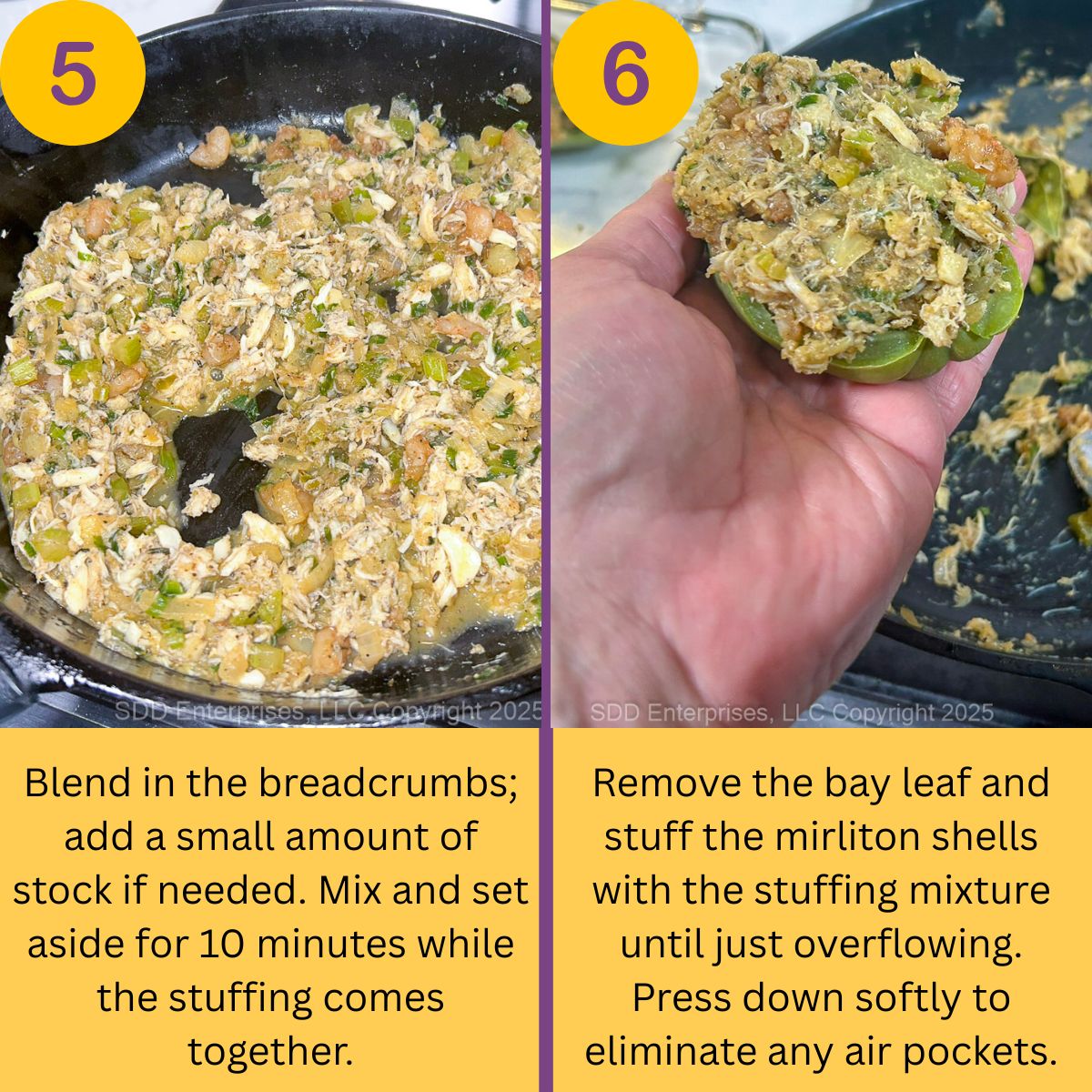 Prepared seafood stuffing spooned generously into mirliton shells on a baking tray.