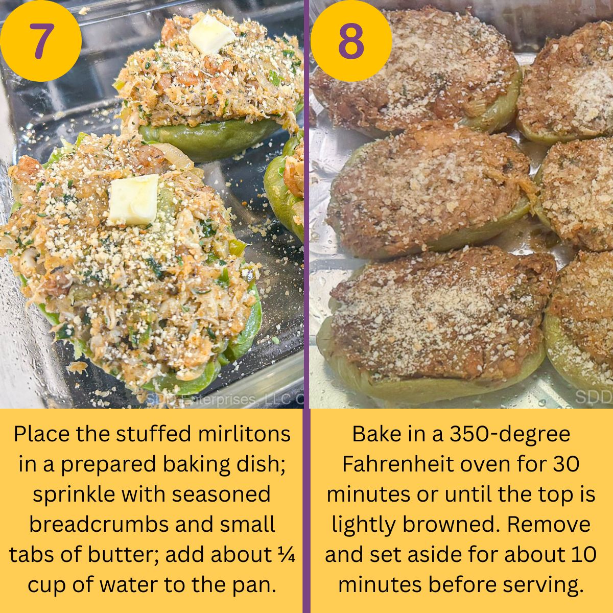 Stuffed mirlitons sprinkled with seasoned breadcrumbs and dotted with butter before baking.