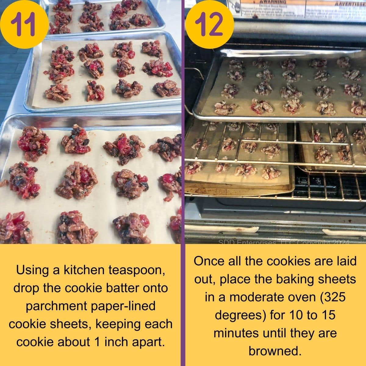 Fruitcake Cookies, Lizzies, on baking sheets and in the oven.