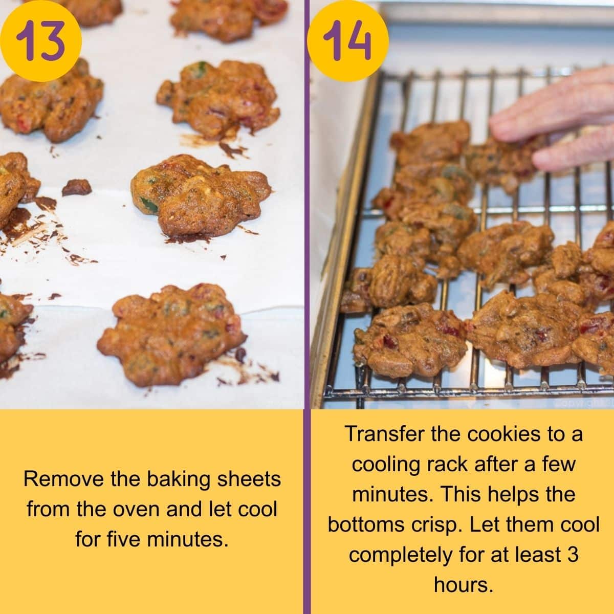 Freshly baked Christmas Lizzies, fruitcake cookies cooling after baking.
