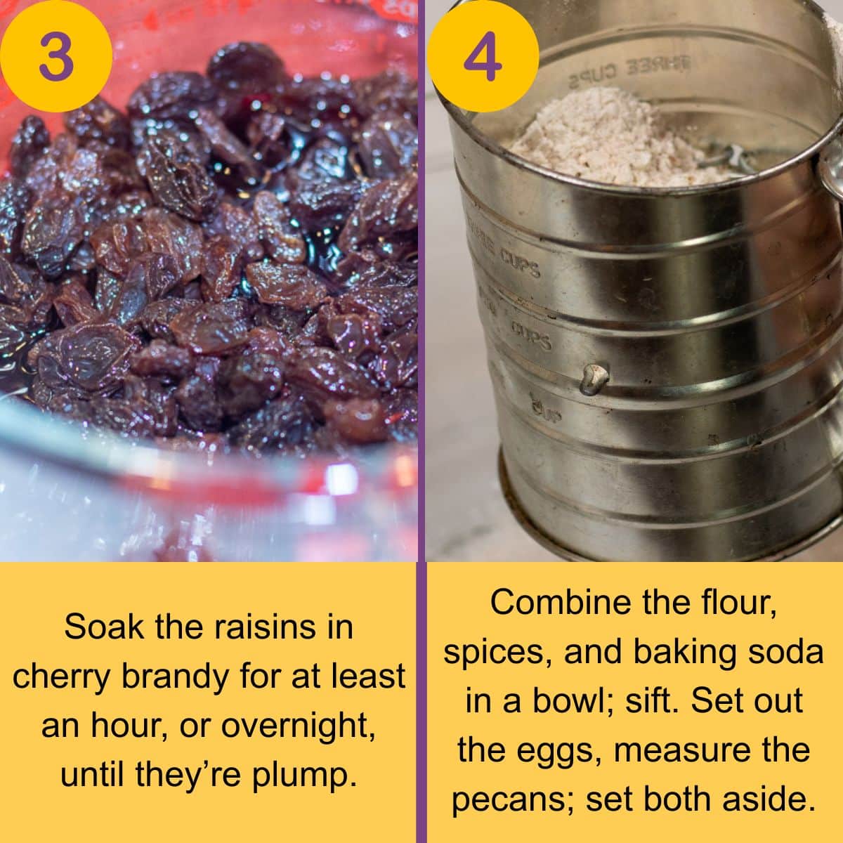 Marinating raisins and shifting flour for Christmas Lizzies, fruitcake cookies.