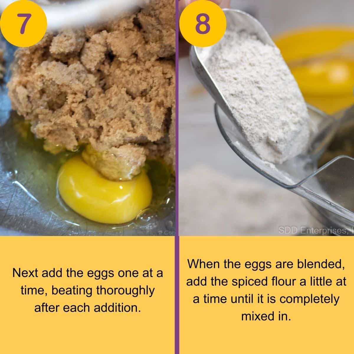 Blending brown sugar, eggs, and flour to make Christmas Lizzies, fruitcake cookies.