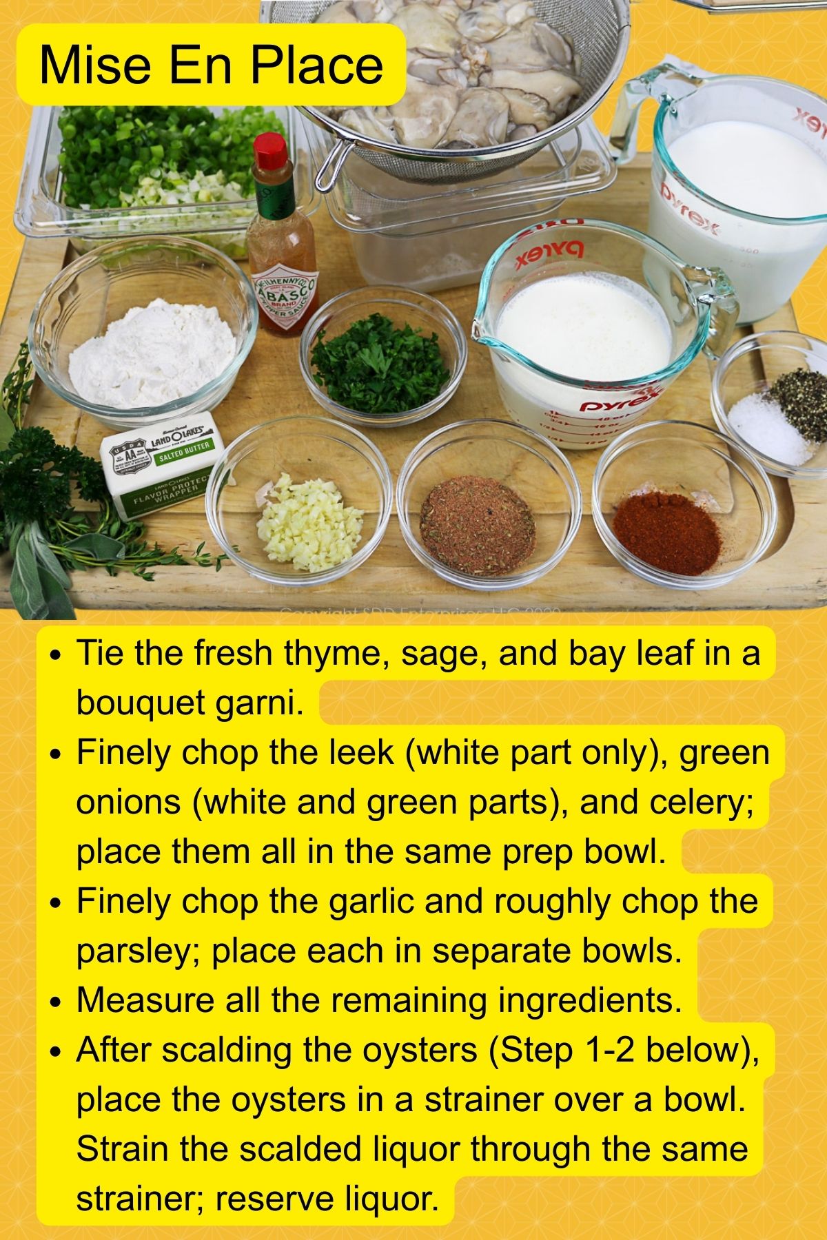 The mise en place steps for preparing Oyster Soup.