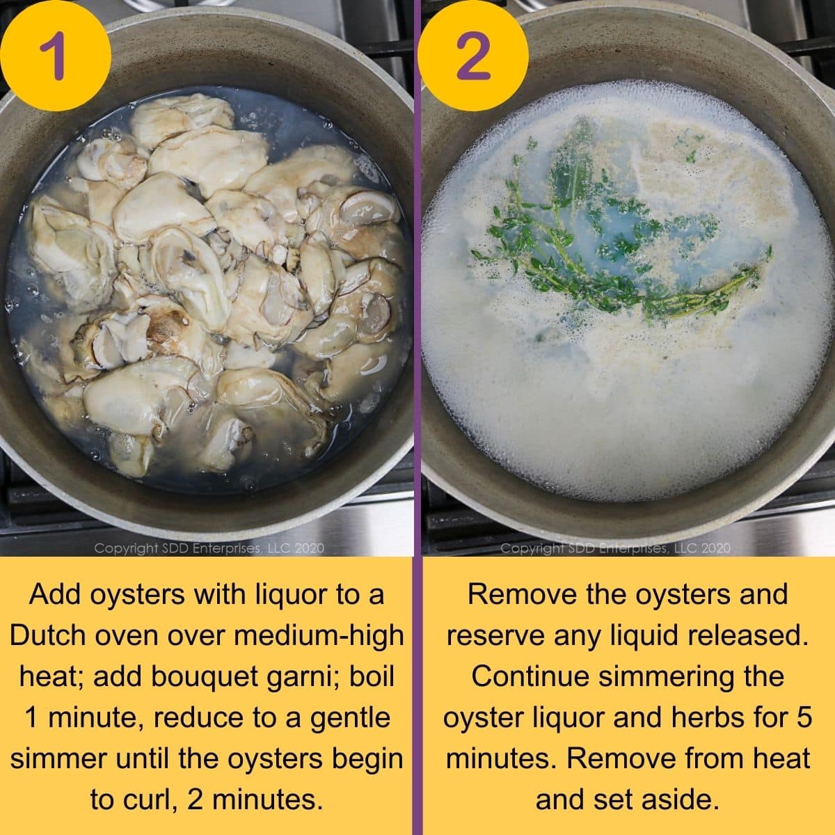 Steps to scald oysters before adding them to soup.
