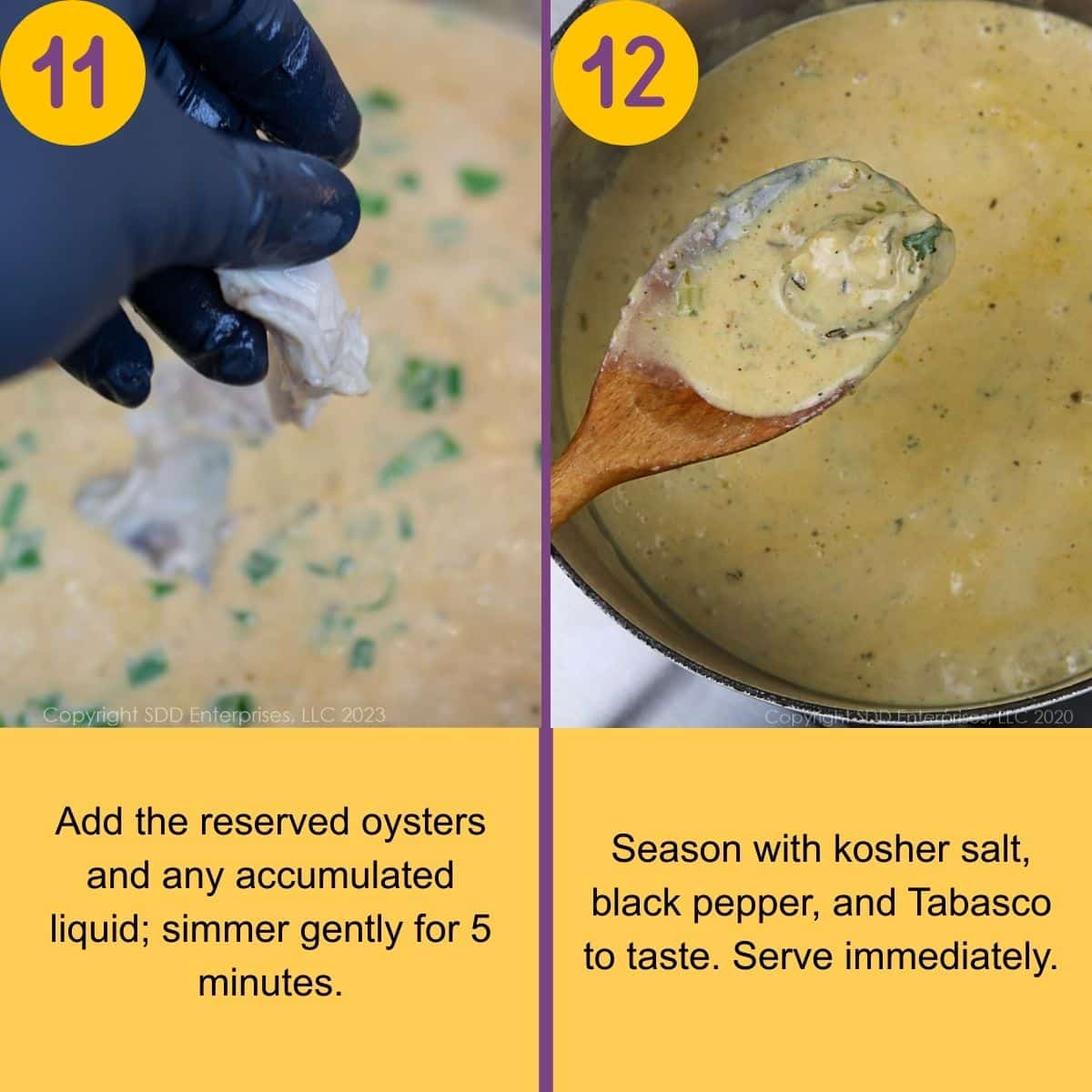 Adding oysters to Oyster Soup.