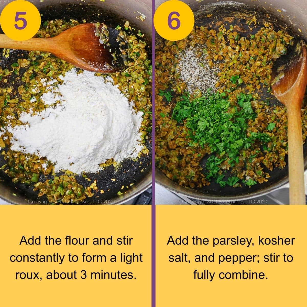 Adding ingredients to a Dutch oven for Oyster Soup.