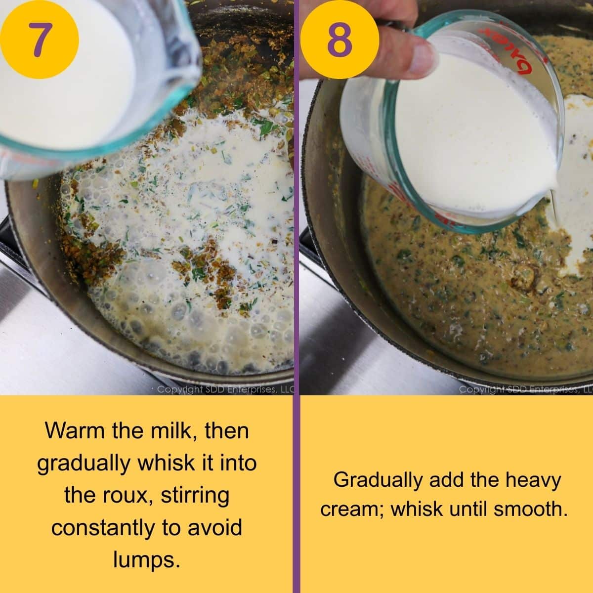 Adding milk and cream to the soup base for Oyster Soup.