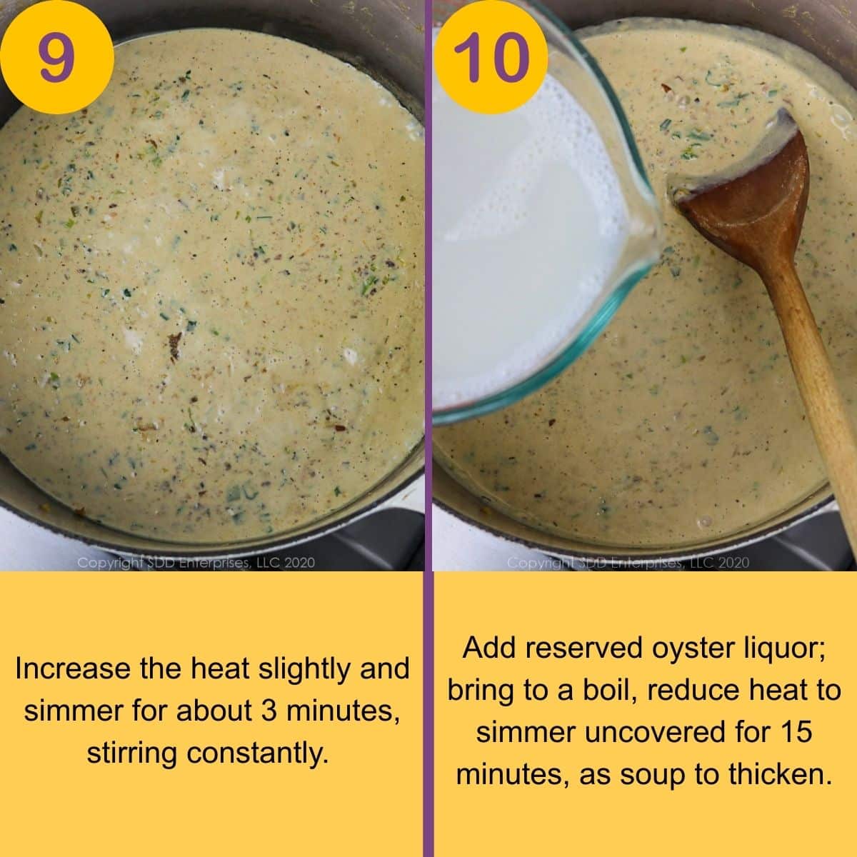 Simmering soup base with oyster liquor for Oyster Soup.