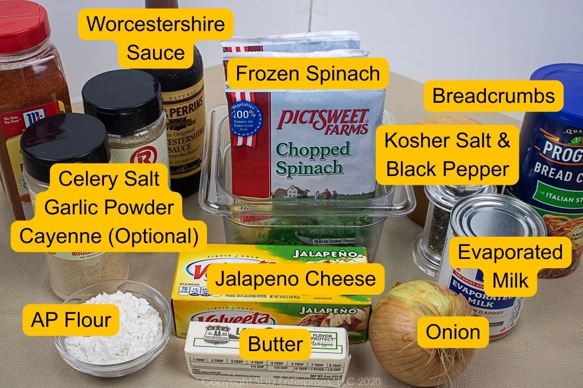 Labeled ingredients for Spinach Madeleine.