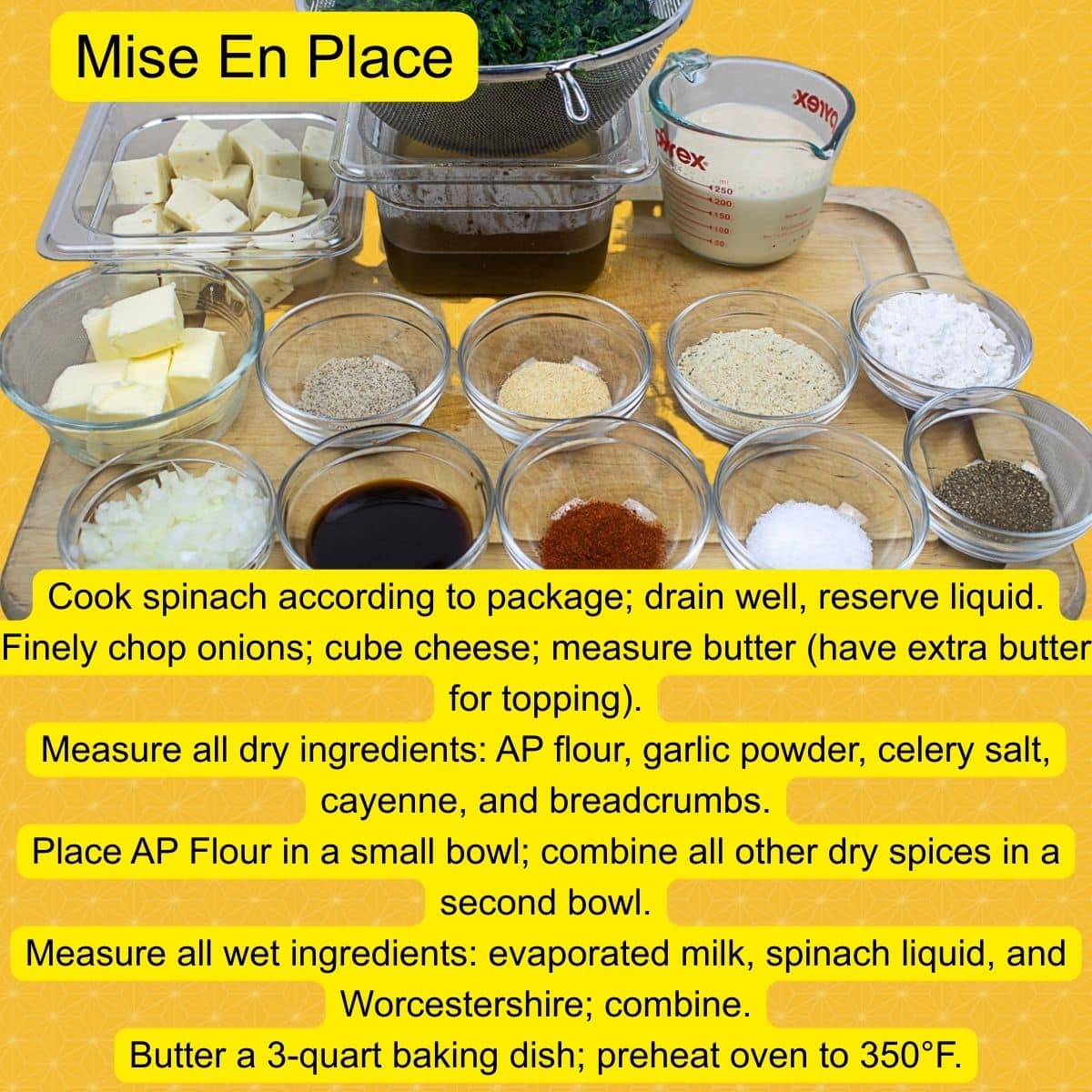 Prepared ingredients to make Spinach Madeleine.