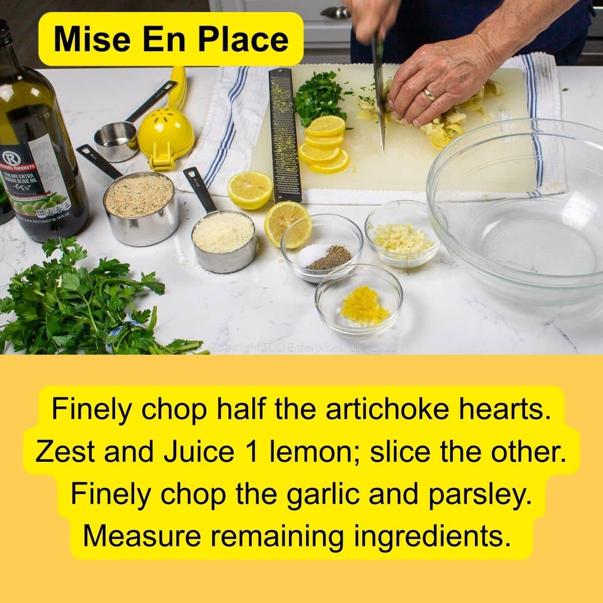 Preparing the ingredients for Stiffed Artichoke Casserole.