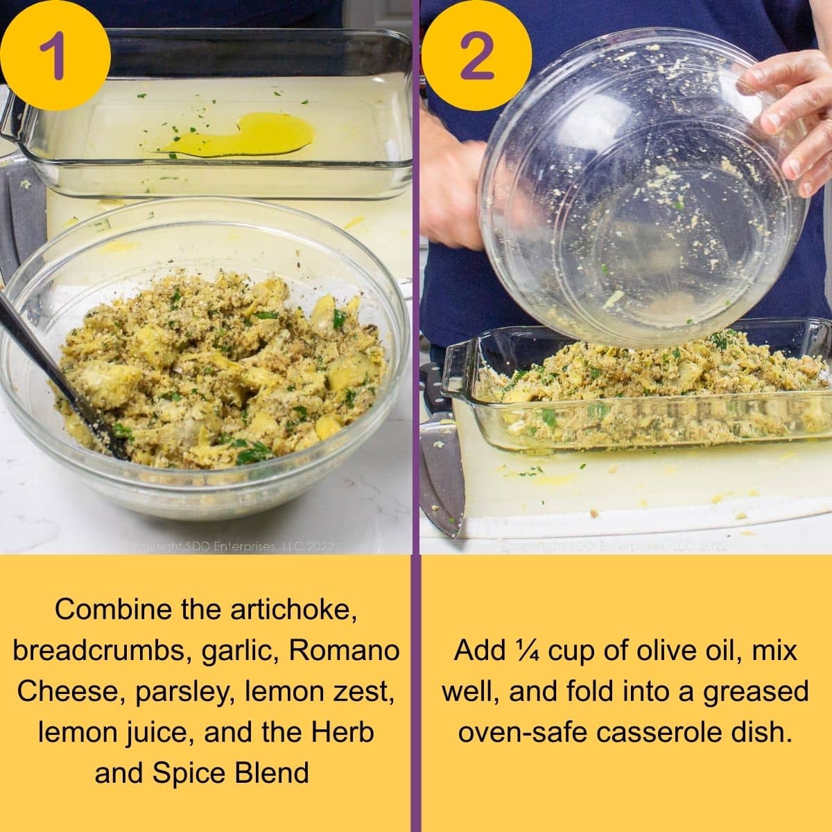 The initial steps for making Stuffed Artichoke Casserole.