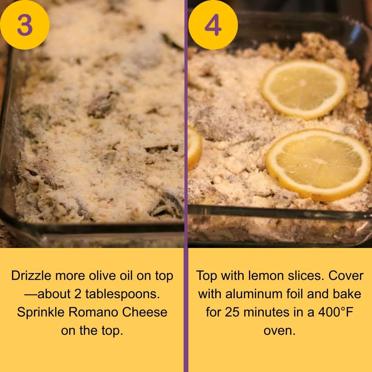 The finishing steps for preparing Stuffed Artichoke Casserole for the oven.