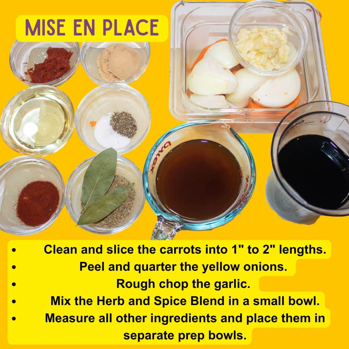 Prepared ingredients for a braise.