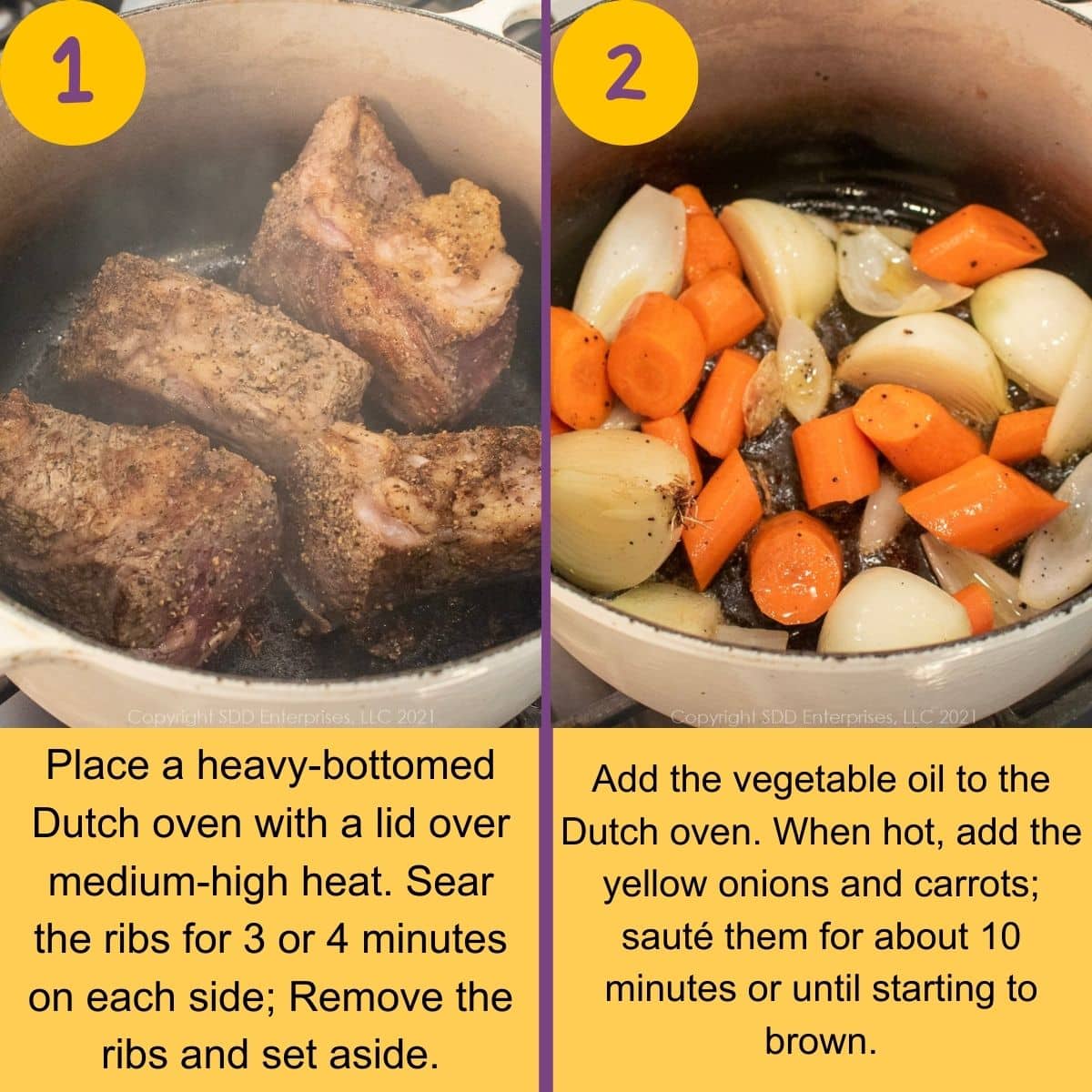 The initial steps for braising short ribs.