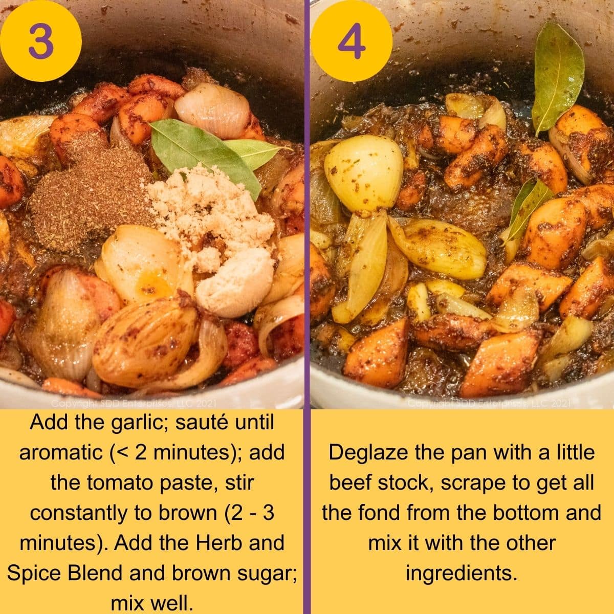 Adding the aromatics to a Dutch oven before braising.