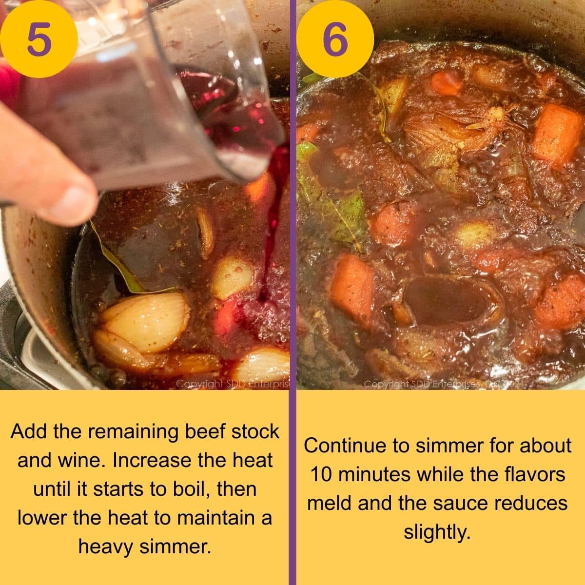 Adding stock to aromatics in a Dutch oven for braising.