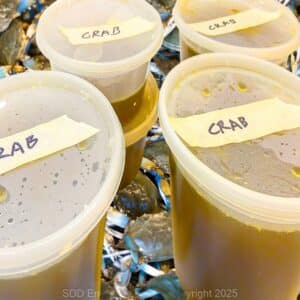 Crab Stock in freezer containers on a backdrop of blue crabs.