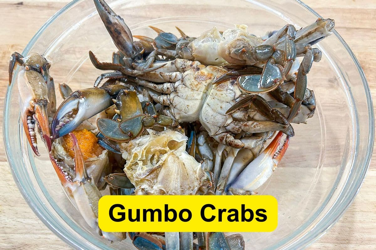 Gumbo Crabs in a glass bowl.
