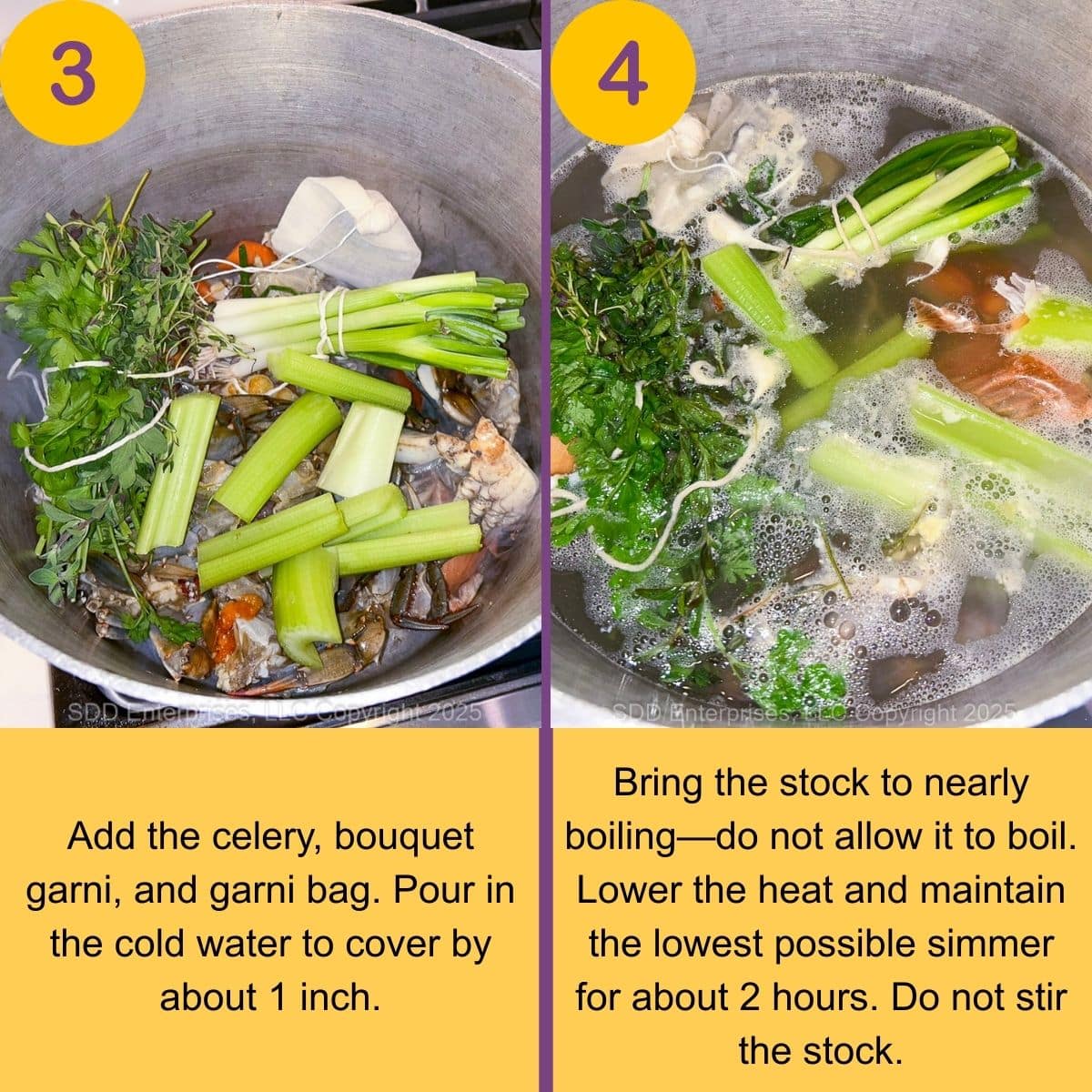 All ingredients in a stock pot with water to make crab stock.