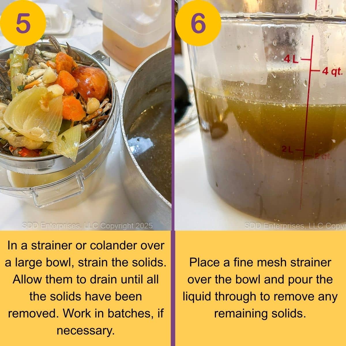 Drain the solid ingredients from a homemade stock.