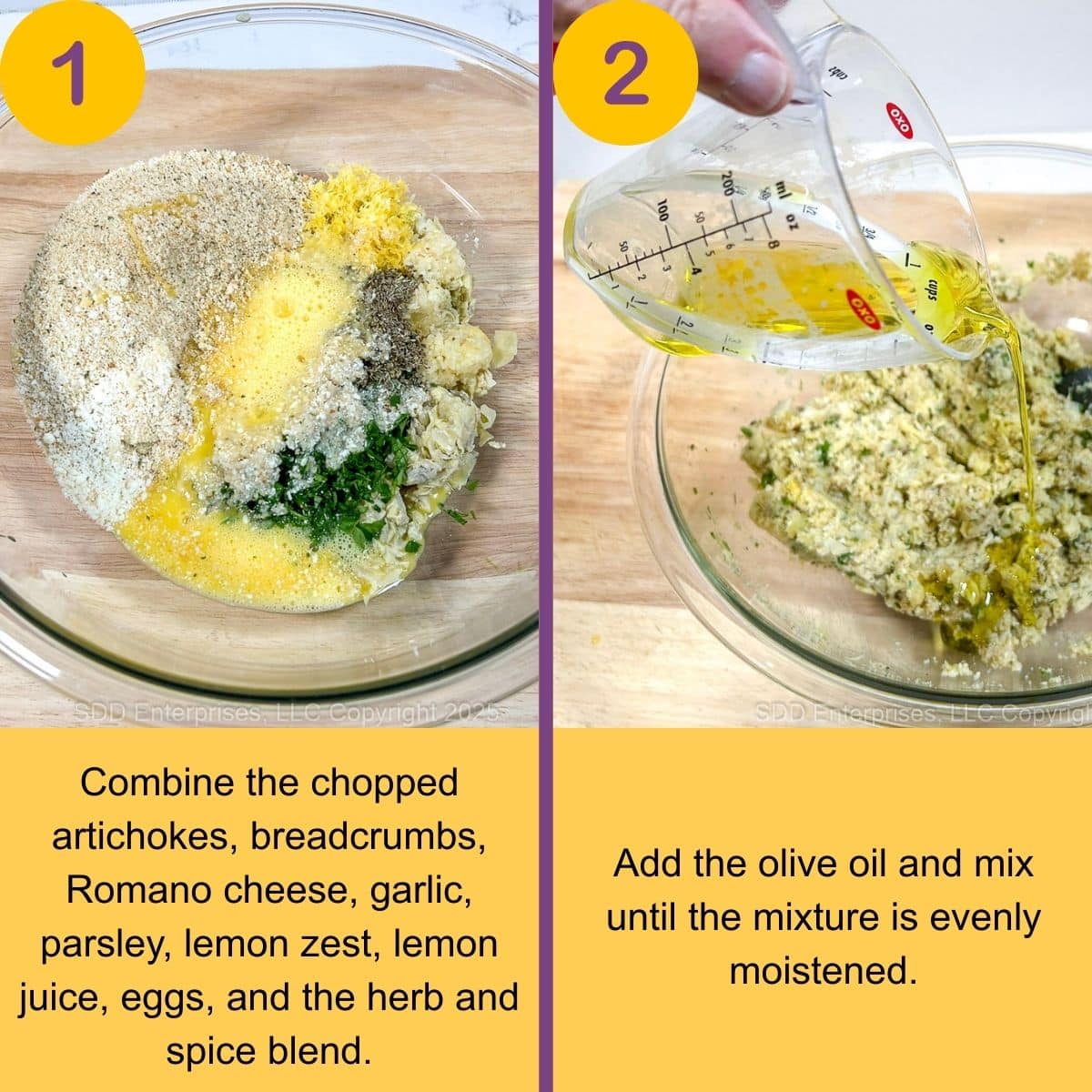 Combining ingredients for artichoke balls in a glass bowl.