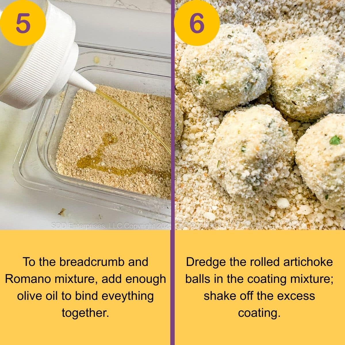 Preparing artichoke balls for dredging in a breadcrumb mixture.