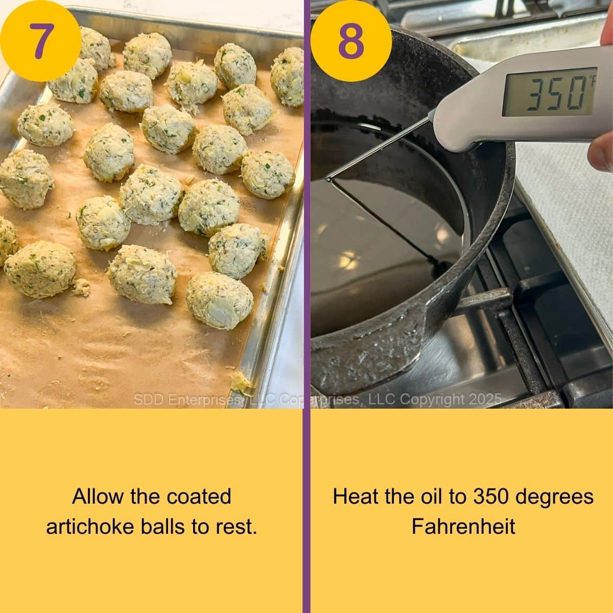 Preparing to fry artichoke balls.