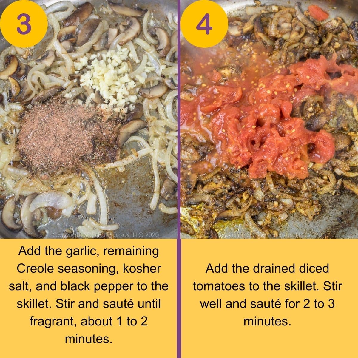 Aromatics and tomatoes added to sautéing vegetables in a skillet.