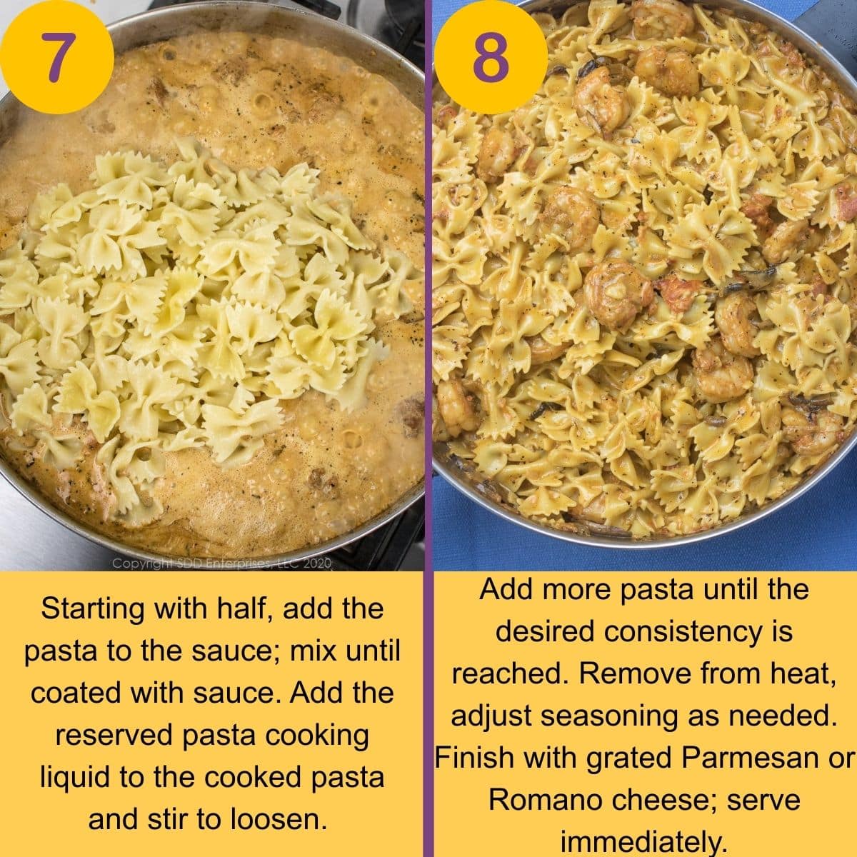 Adding pasta to a cream sauce with shrimp in a skillet.