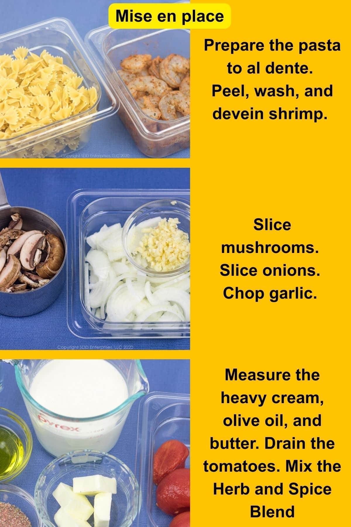 Steps of mise en place for Creamy Shrimp Pasta with Mushrooms.