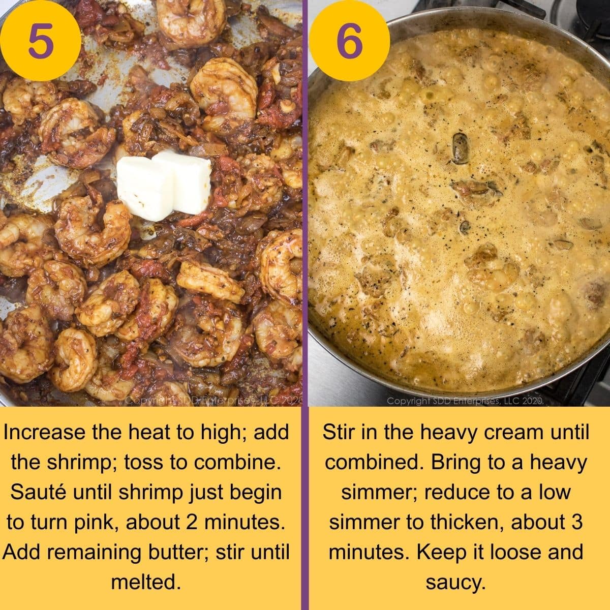 Cooking shrimp and adding cream to a skillet for a cream sauce with shrimp.