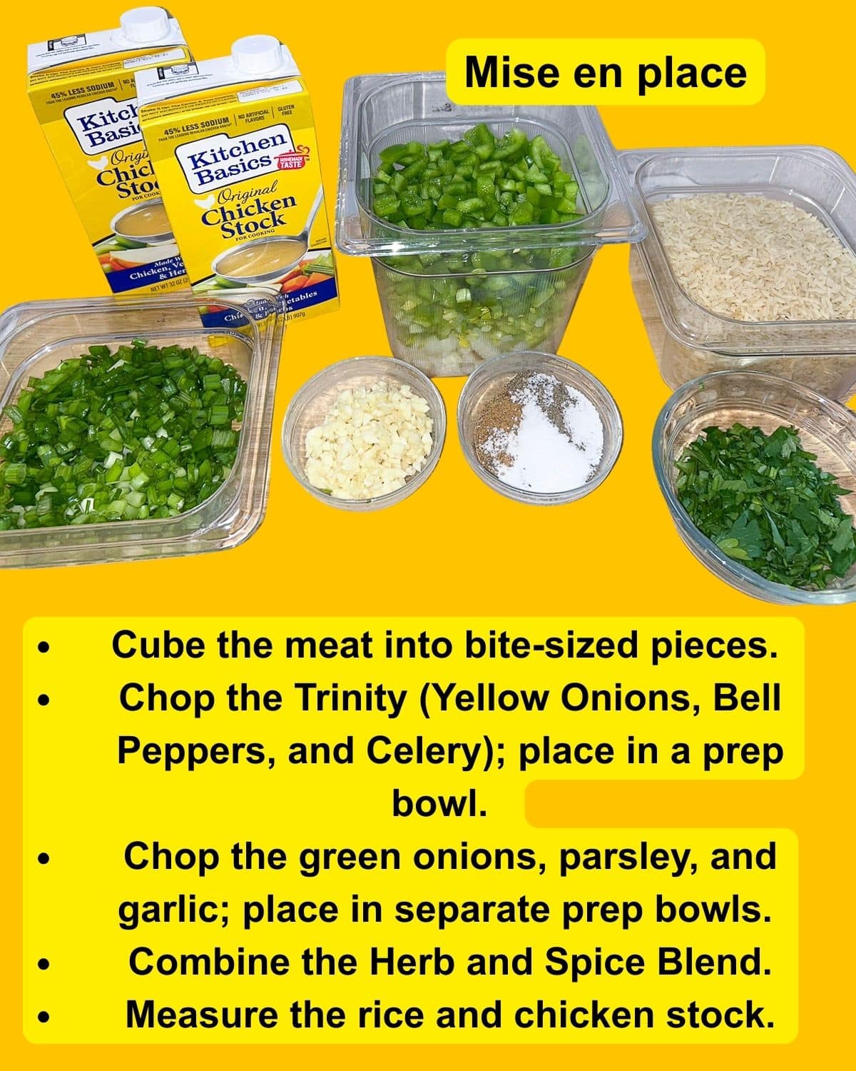 Prepared ingredients for Cajun Jambalaya.