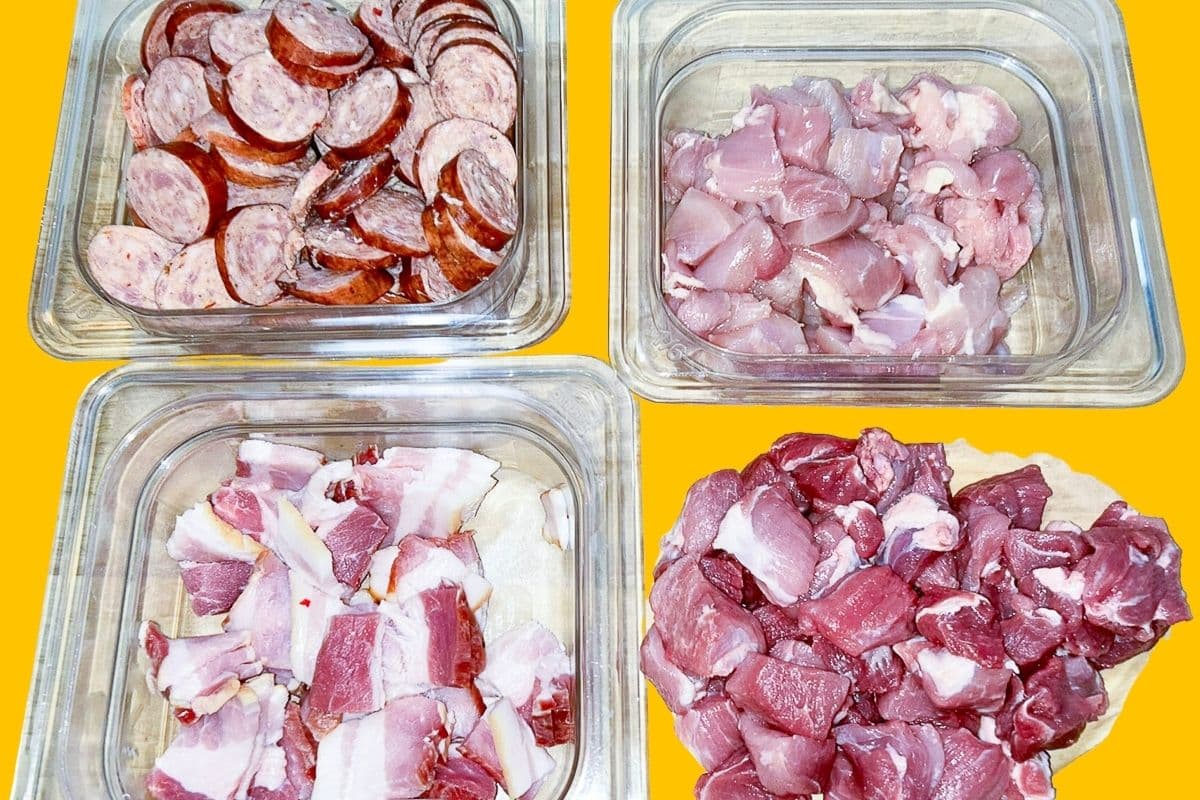 Prepared meat ingredients for Cajun Jambalaya.
