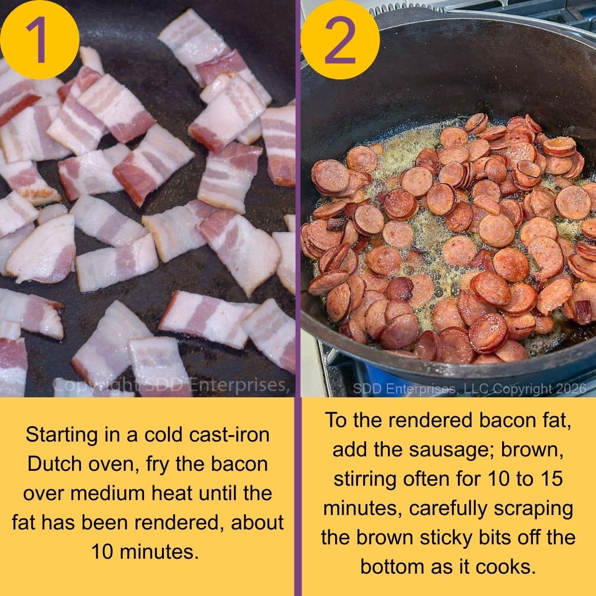 Initial steps for cooking jambalaya in a Dutch oven.