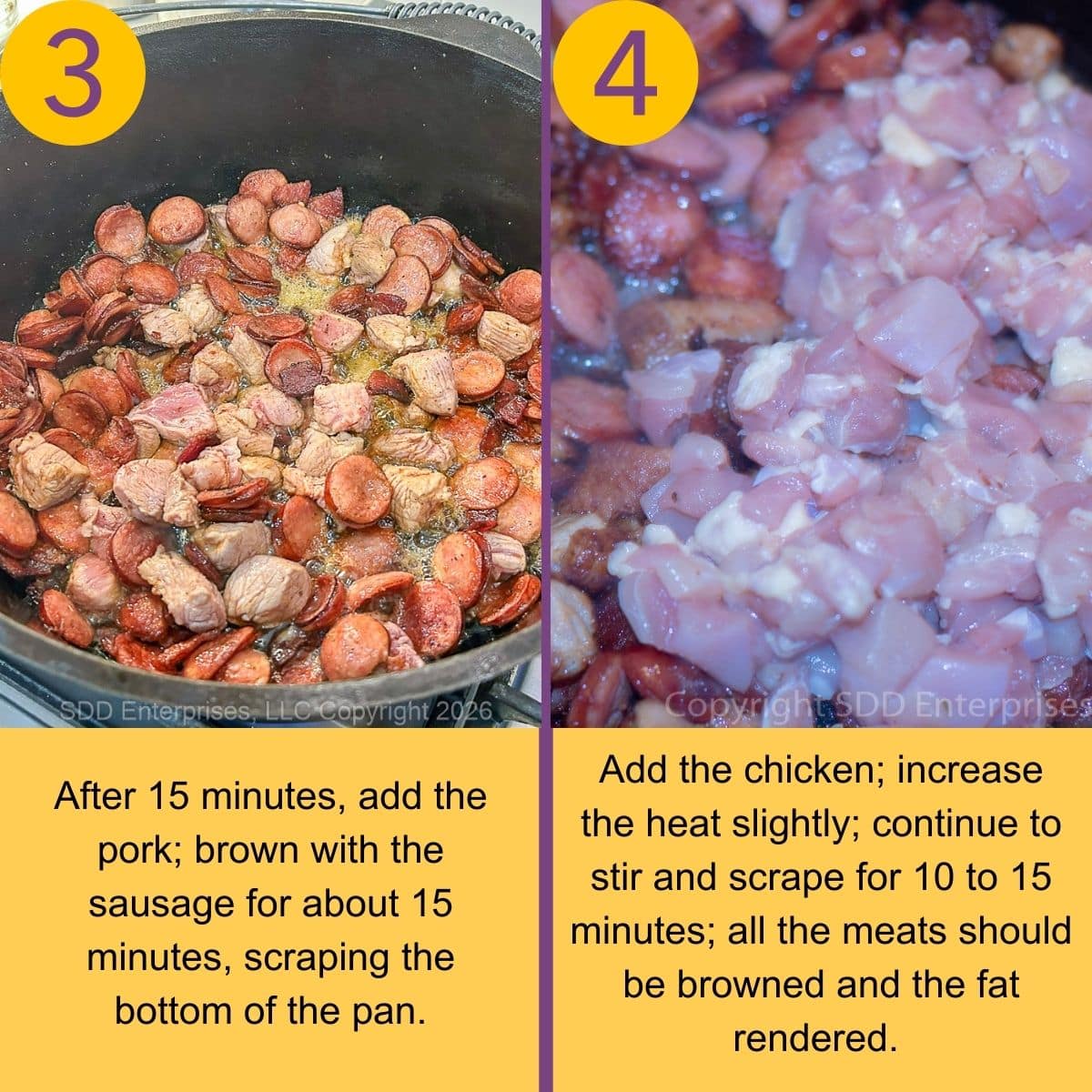 Frying meat in a Dutch oven for jambalaya. 