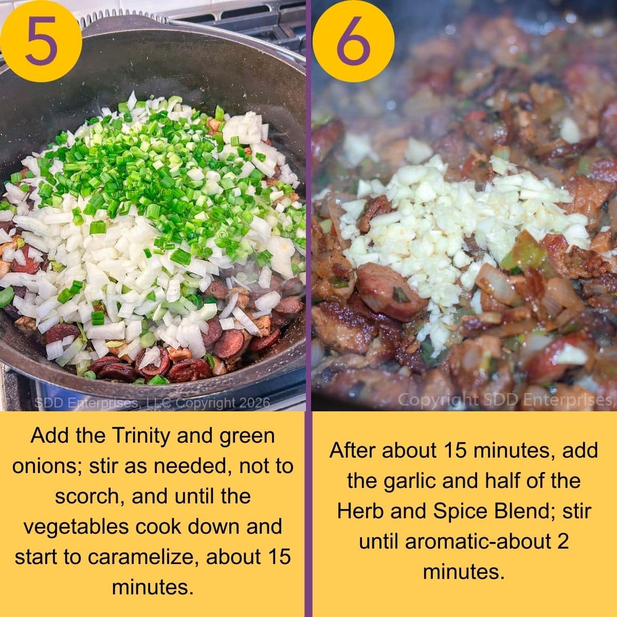 Adding vegetables to the meat for jambalaya in a Dutch oven.